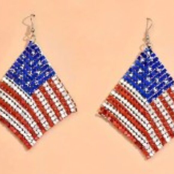 Sparkling Flag Earrings Red White Blue Dangling, Patriotic Independence Day - Picture 2 of 4